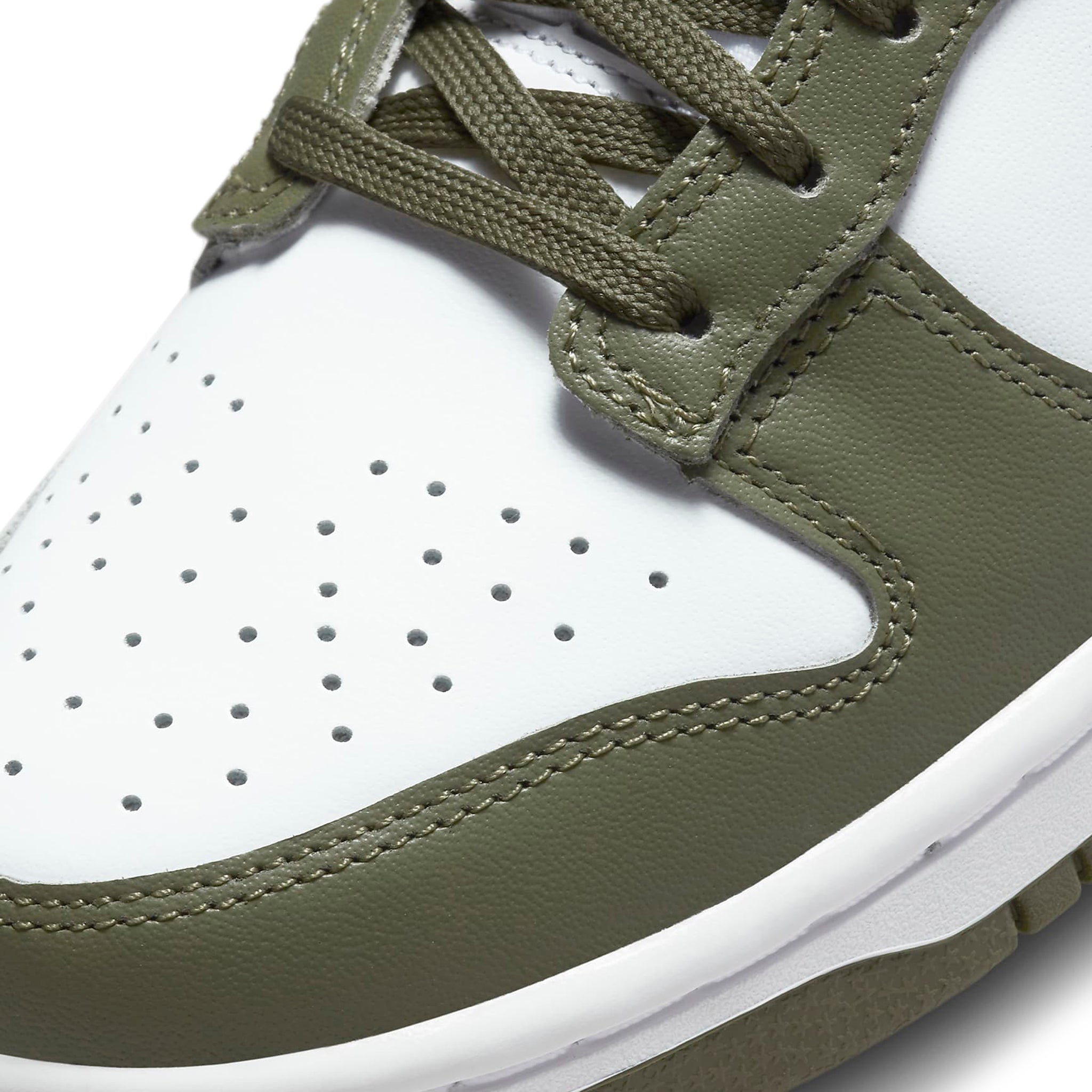 Toe box view of Nike Dunk Low Medium Olive (W) DD1503-120